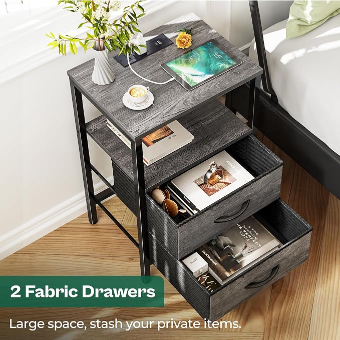 Huuger Nightstand with Charging Station, Side Table with Fabric Drawers | End - Image 5