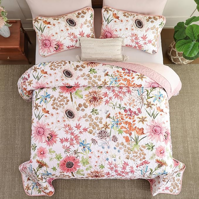 Yiran Pink Floral Quilts Queen Size, Sunflower Botanical Bedding Set | 3 Pieces - Image 4