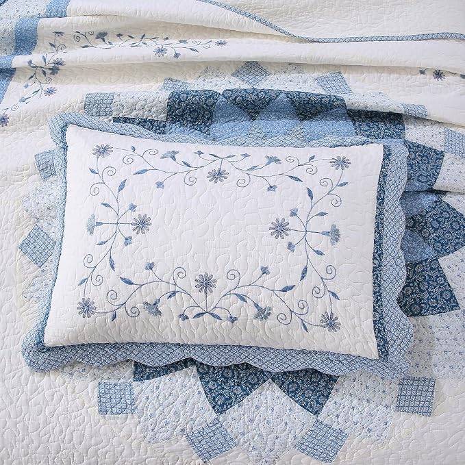 ROOMLIFE Quilt Set King Size 3D Floral Embroidery Pattern 3-Piece Cotton | - Image 4