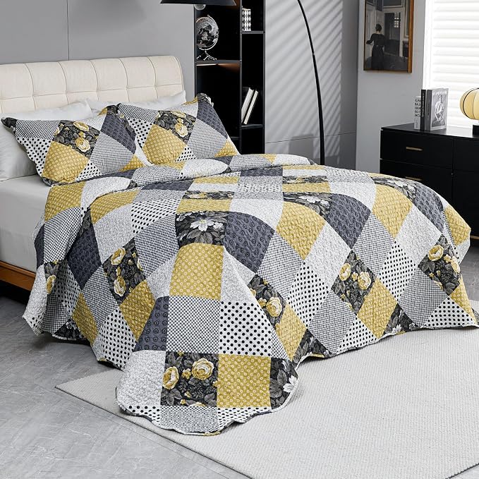 Cmfshape Summer Floral King Bedspread, Romantic Khaki Quilt Set King, - Image 3