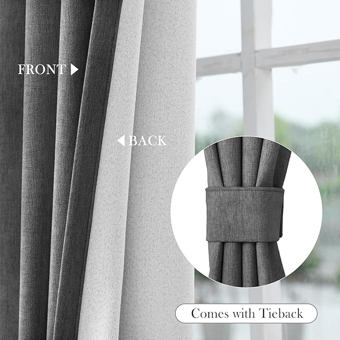 Macochico 100" Wx84 L Dark Grey Full Blackout Curtains for Sliding Door, Thermal Insulated Drapery for Living Room Bedroom Windows Patio Door, Modern Chenille Grommet Curtains with Tieback 1 Panel