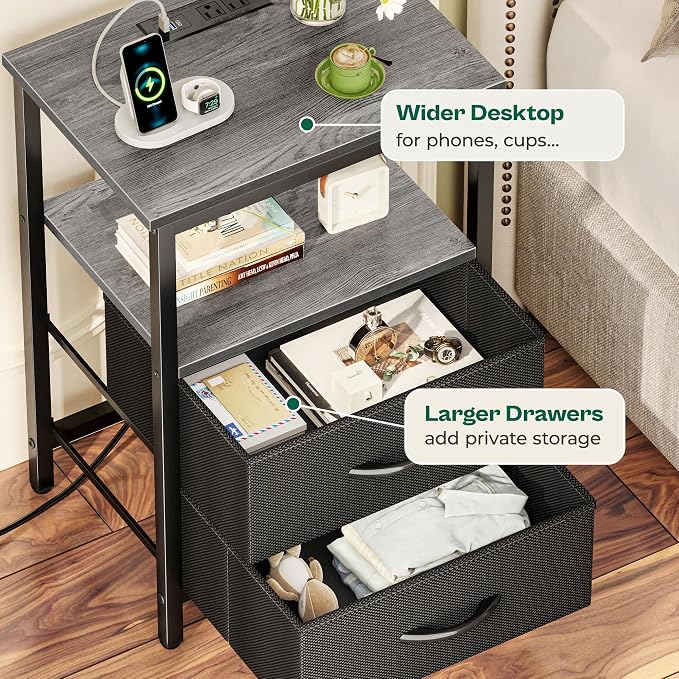 Huuger Night Stand with Charger Station and LED Lights, 2 Drawer Nightstand | - Image 7