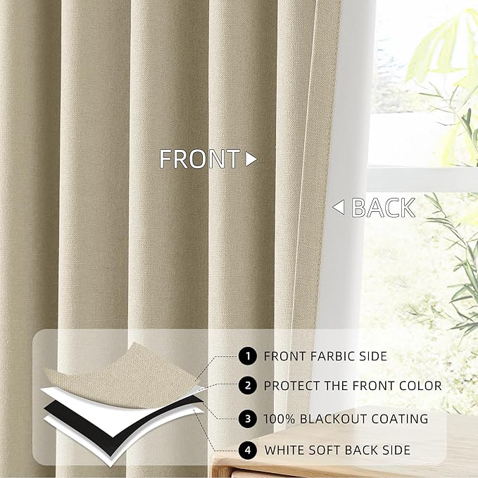 ChrisDowa 100% Blackout Natural Solid Solid Curtains 72 Inches Long 2 Panels for Bedroom Living Room,Farmhouse Room Darkening Thermal Insulated Soundproof Grommet Top Window Treatment Drapes,52x72