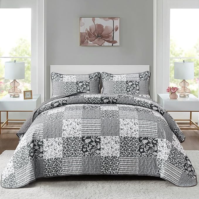 Mybedsoul Black Grey Boho Quilt Set King Size, 3 Pieces Plaid Floral Bedspread by Mybedsoul