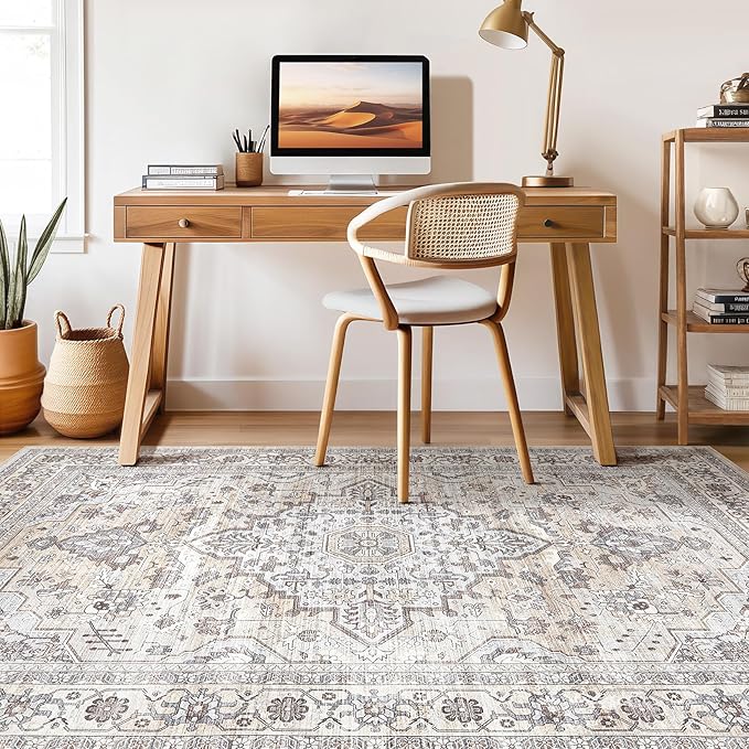 10x12 Area Rug Living Room: Washable Boho Large Neutral Vintage Soft Rugs Stain Resistant Farmhouse Non Slip Indoor Floor Carpet for Bedroom Nursery Kids Playroom Office Dining Room- Ivory Gray