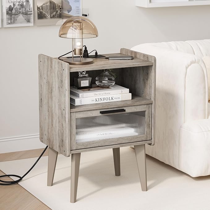 MMEOLUOOK Nightstand with Charging Station, Bedside Tables Oak Grey End Table - Image 4