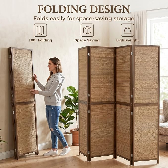 HOMCOM Room Divider, 6 FT Tall Folding Privacy Screen, 4-Panel Boho Brown | - Image 5
