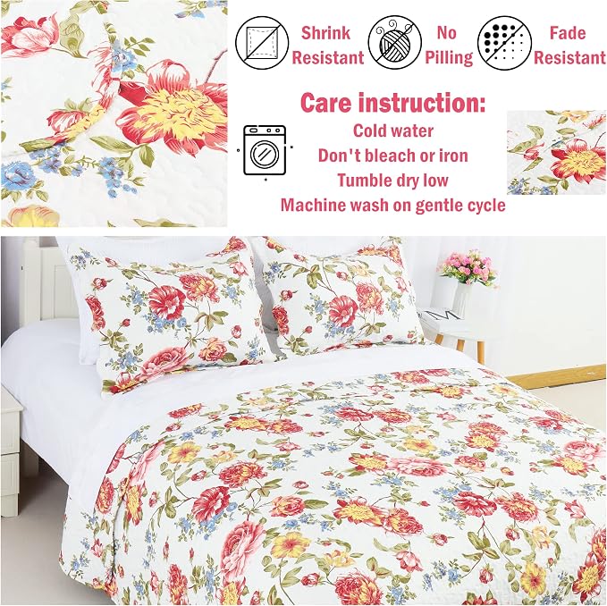 Cmfshape Summer Floral King Quilted Bedspread, Romantic Pink Quilt Set - Image 8
