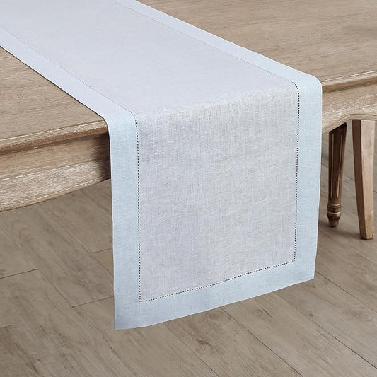 Solino Home Linen Light Blue Table Runner 132 Inches Long - 100% Pure Linen Extra Long Table Runner 14 x 132 Inch for Winter, Christmas, New Year - Classic Hemstitch