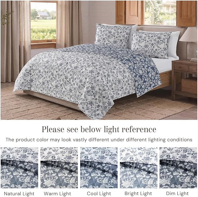 King Quilt Set-3 Pieces Soft Bedding Floral Reversible Coverlet | All Seasons - Image 3