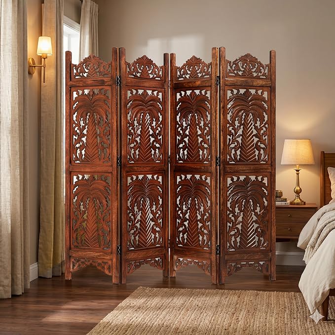 Lightnpro 4 Panel Palm Tree Wooden Room Divider 64" x 60" Hand-Carved Folding - Image 2