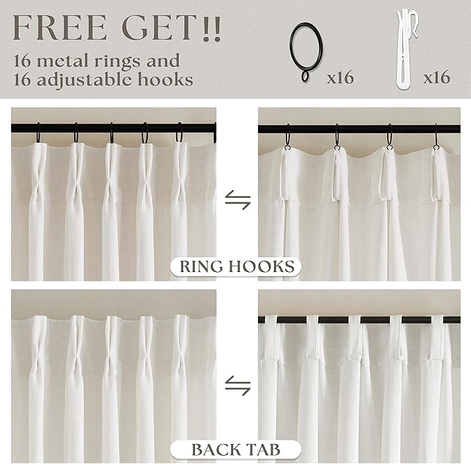 Extra Wide Pinch Pleat Curtains 96 Inches Long for Patio Sliding Glass Door Cream Linen 100 Inch Wide Curtain Memory Trained Pleated Drapes with Hooks Rings Semi Sheer 100x96 Curtain for Large Window