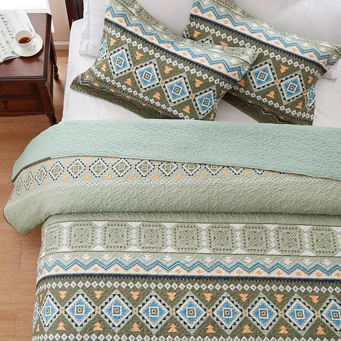 2 Pieces Twin Size Quilt Set Olive Green Bohemian Bedspread Coverlet - Image 5