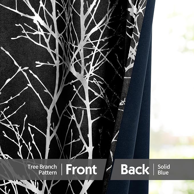 FMFUNCTEX 100% Blackout Black Silver Foil Tree Curtains 84 Inch 2 Panels | - Image 6