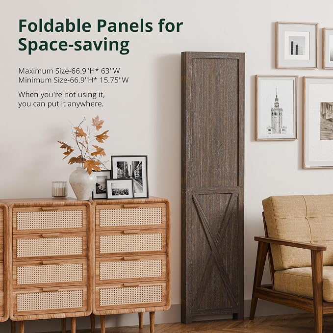 4 Panel Folding Room Divider, Solid Wood Privacy Screen, Freestanding Partition - Image 3