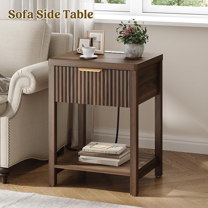 Night Stand Set 2, Fluted Wood Nightstands w/Charging Station - Image 5