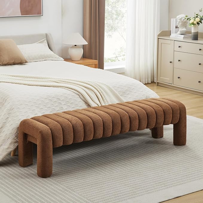 63" Upholstered Boucle Bench, Rust Brown | Padded King Size Long Ottoman - Image 4