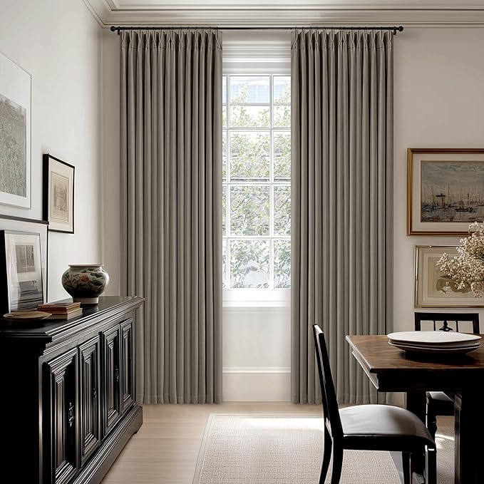 Taupe Grey Pleated Linen Blackout Curtains 80 Inches Long for Bedroom Living Room Pinch Pleat Black Out Thermal Insulated Ring Hooks Room Darkening Drapes Brownish Gray 80 Inch Curtains with Liner