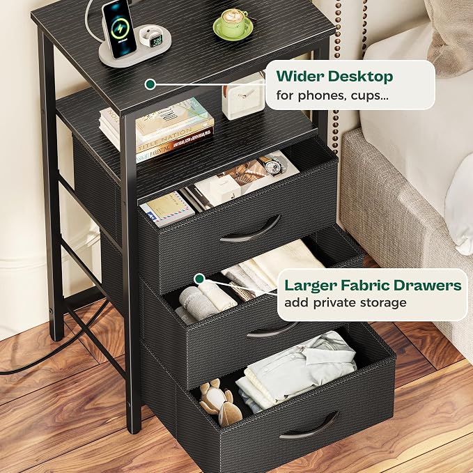 Huuger Night Stand with Charger Station and LED Lights, 3 Drawer Nightstand | - Image 7