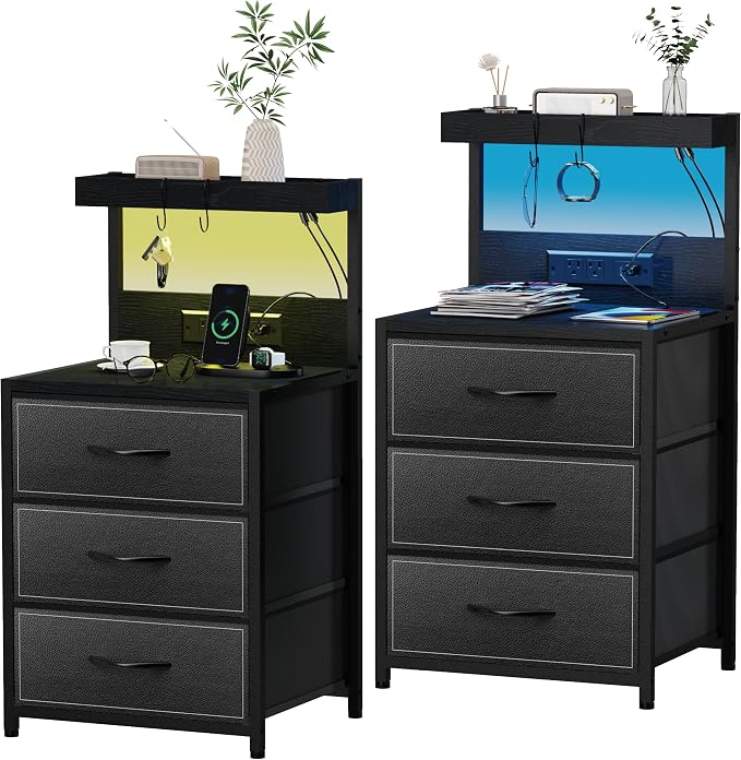 SZLHANJZ LED Nightstand Set of 2, 3 Fabric Drawers and Charging Station | Night by SZLHANJZ
