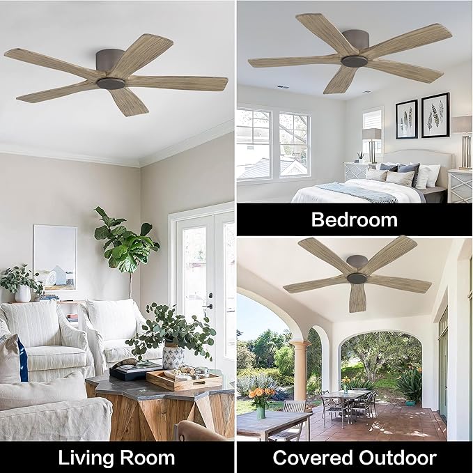 WINGBO 54" Flush Mount DC Ceiling Fans without Lights, 5 Carved Solid Wood Blades, 6-Speed Reversible DC Motor, Low Profile Hugger Ceiling Fan No Light for Living Room Bedroom Patio, Graphite and Gray