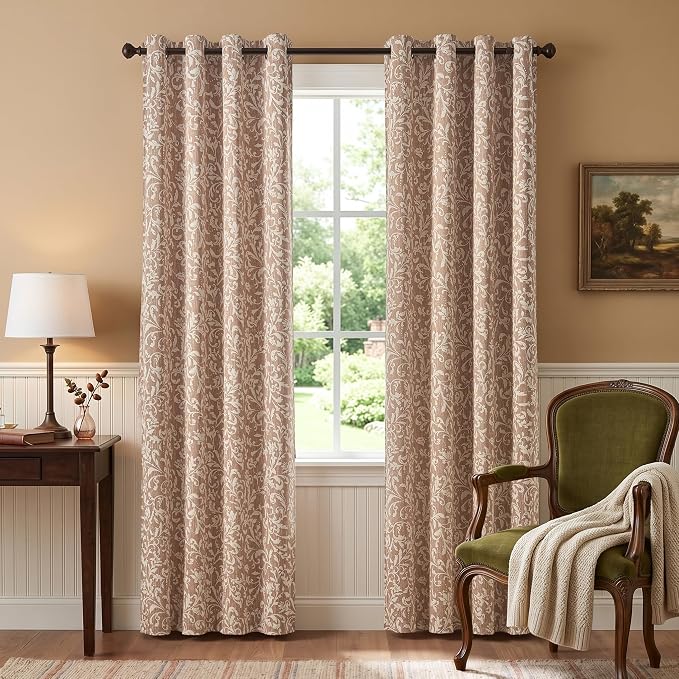 jinchan Taupe Floral Blackout Curtians 84 Inch Vintage Grommet 2 Panels | Room - Image 2