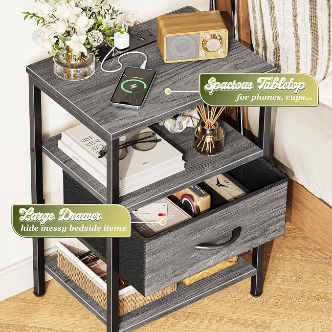 SUPERJARE Nightstand with Charging Station, USB-C Port, Bedside Table | Night - Image 5
