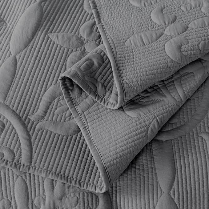 B2EVER Dark Grey Damask Quilt King Size Bedding Sets - Image 6