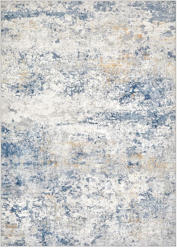 Area Rug Living Room Rugs - 7x9 Abstract Large Soft Indoor Washable Rug Neutral Modern Low Pile Carpet for Bedroom Dining Room Farmhouse Home Office - Blue
