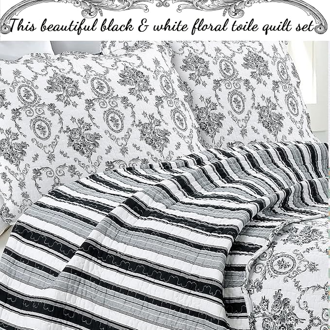 Cozy Line Home Fashions French Medallion Black White Grey Rose Flower Pattern - Image 2
