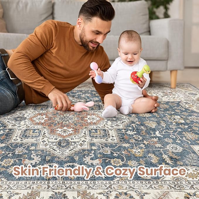 cotiled 5x7 Area Rug for Living Room, Traditional, Vintage Blue | Soft - Image 4