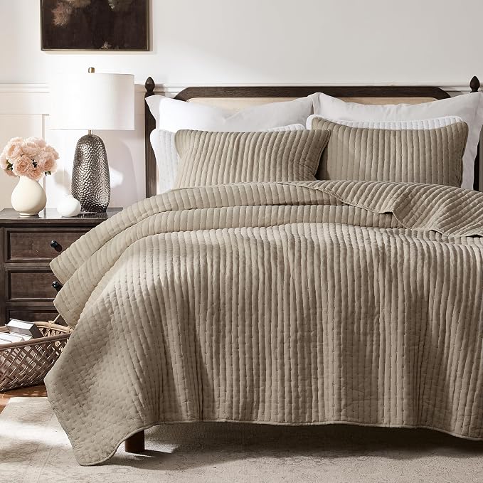 WDCOZY Dark Beige Cross Stitch King Size Quilt Set, Striped Lightweight Soft by WDCOZY