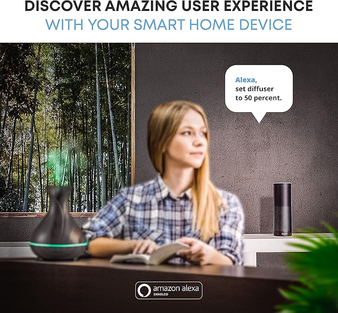 Sierra Modern Home Smart WiFi Wireless Essential Oil Aromatherapy 400ml Ultrasonic Diffuser & Humidifier with Alexa & Google Home Phone App & Voice Control - LED & Timer Settings Dark Brown