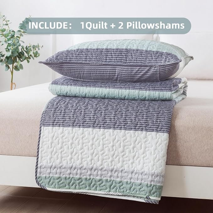 Queen Quilt Bedding Set Sage Green, 3 Pieces Striped Bedspreads | Patchwork - Image 7