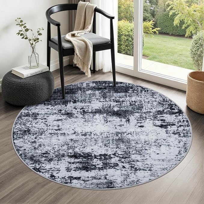 Round Area Rug Living Room: 4 ft Modern Washable Carpet Black | by FXRHLP
