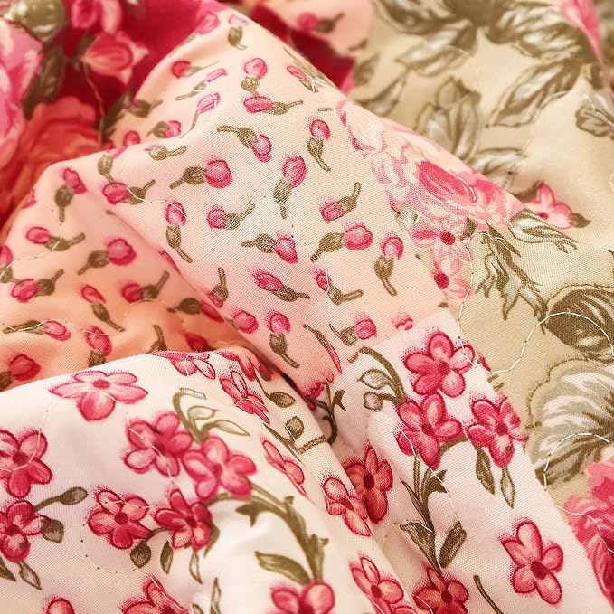 Summer Floral King Quilted Bedspread, Romantic Pink Quilt Set, Reversible - Image 4