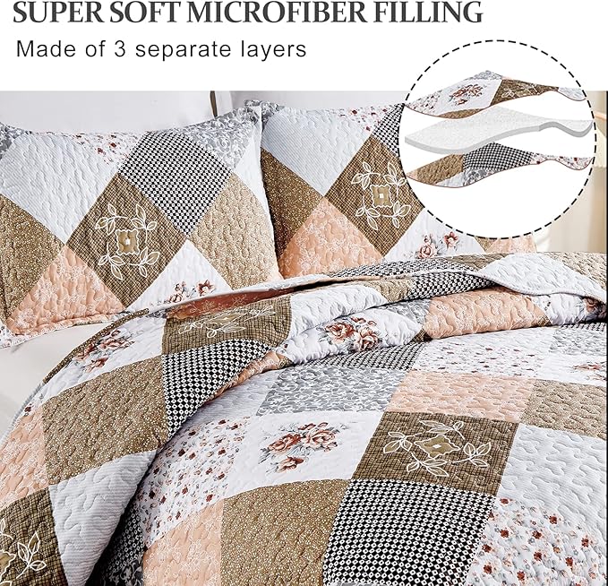 Dinjoy Floral Plaid Patchwork Quilt Set California King Size, Reversible Brown - Image 3