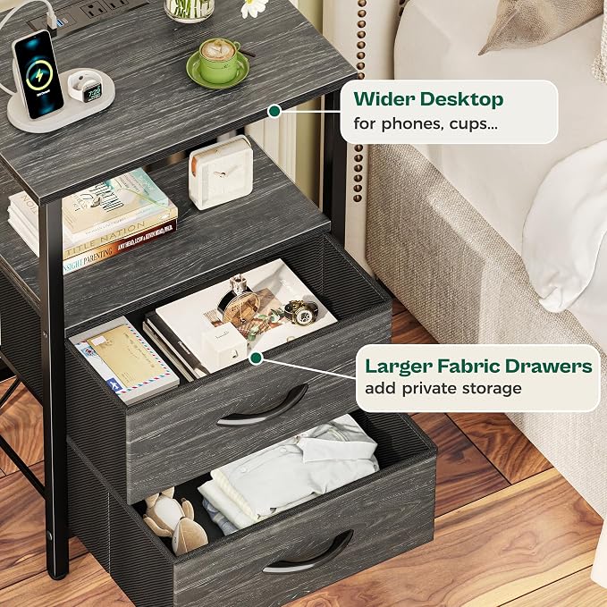 Huuger Night Stand with Charger Station and LED Lights, 2 Drawer Nightstand | - Image 7