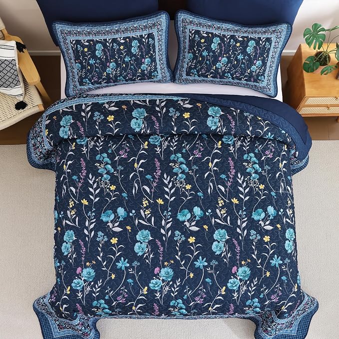 WONGS BEDDING Floral Quilts Set Queen, Microfiber Lightweight Farmhouse Bed - Image 3