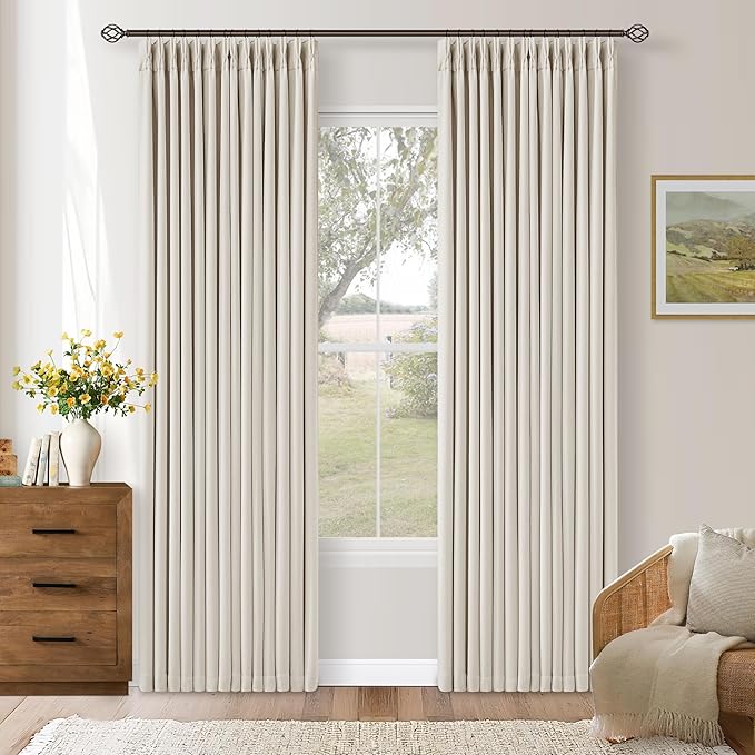 Pleated Cream Ivory 86 Inch Blackout Curtains for Living Dining Room 2 Panels Set Boho Farmhouse Pinch Pleat Natural Linen Black Out Bedroom Curtains Thermal Insulated Room Darkening 2 Layer Design