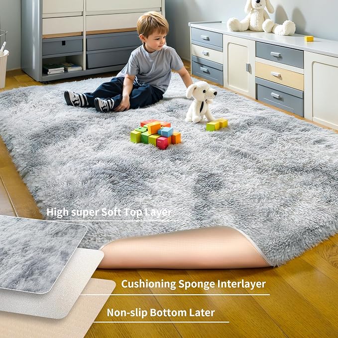 KICHOWUA 5x8 Thick Light Grey Fluffy Shag Rug - Image 8