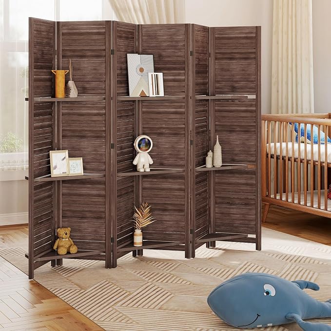 HOMCOM Room Divider 6 Panel 67" Tall Wood Privacy Screen Walnut | 3 Display - Image 9