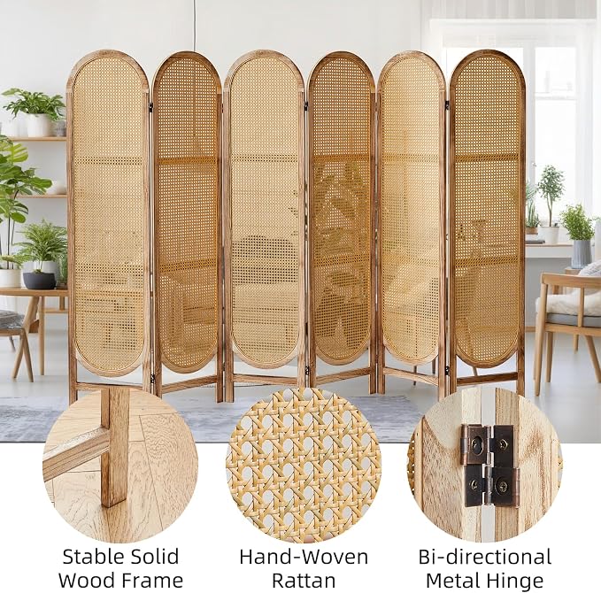 6 Panel Rattan Room Divider, Folding Room Divider Screen, Natural | Pine Frame - Image 4