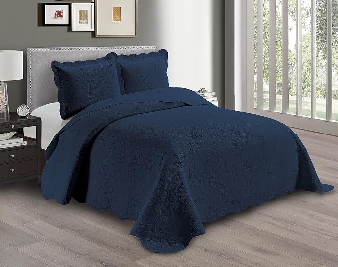 Linen Plus Embossed Coverlet Bedspread Set Oversized Solid Navy Blue Full/Queen by Linen+Plus