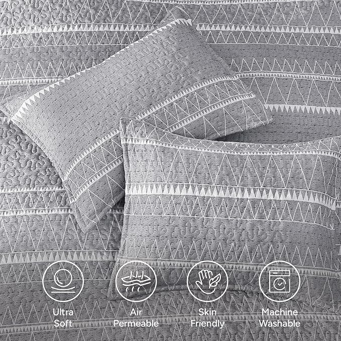 King Size Quilt Set Grey, 3 Pieces Boho Striped Bedspread | Soft Lightweight - Image 5