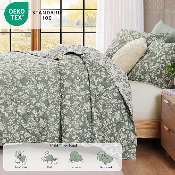 King Quilt Set-3 Pieces Soft Bedding Floral Reversible Coverlet | All Seasons - Image 9