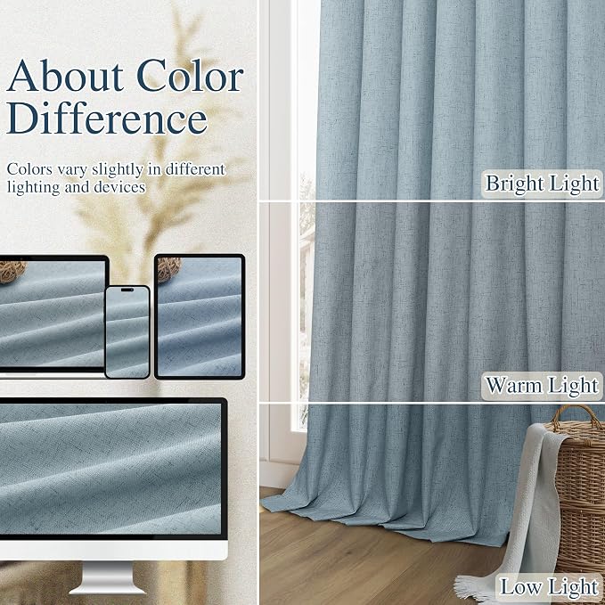 Blue 100% Blackout Linen Curtains 63 Inch Length 2 Panels Set - Image 7