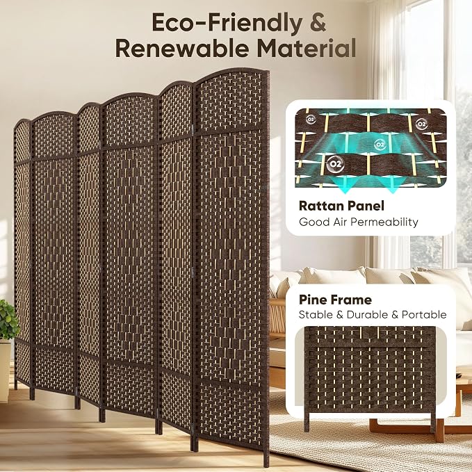 Rattan Room Divider, 6-Panel Folding Privacy Screen 6ft. Extra Wide | Double - Image 3