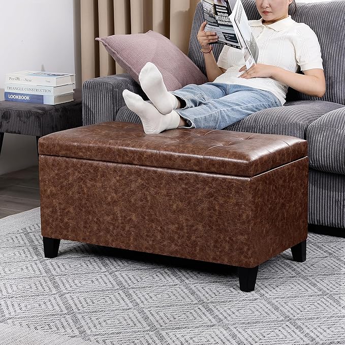 Joveco Storage Ottoman Bench, 33 Inches Faux Leather Rectangle Tufted Foot Stool for End Foot of Bed, Bedroom, Living Room, Walnut
