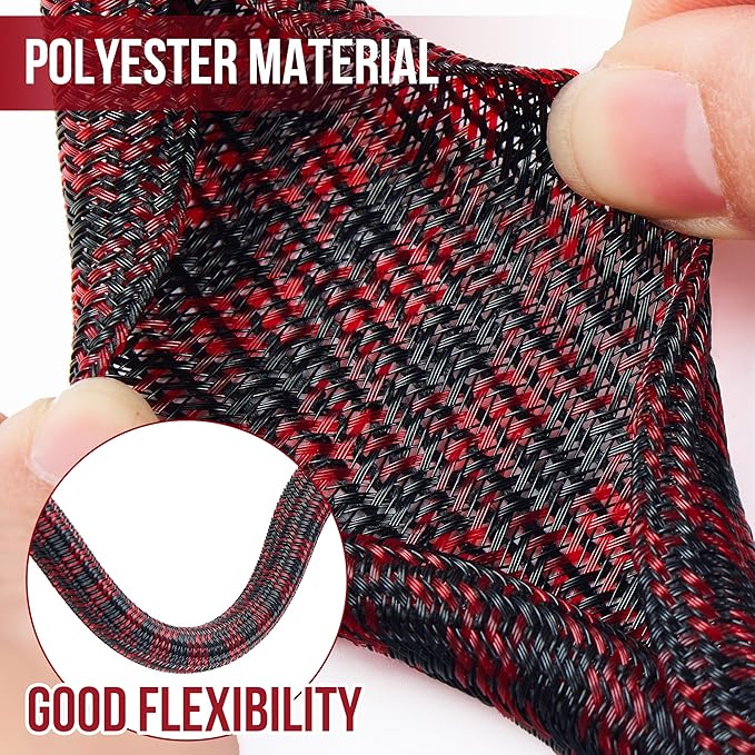 QCSIW Split Cable Sleeve, 3/8 inch 50ft Black Red Braided Wire Loom for Home Cable Management, Pet Chew Protection and DIY Cord Organizer for Desk and Home Theater